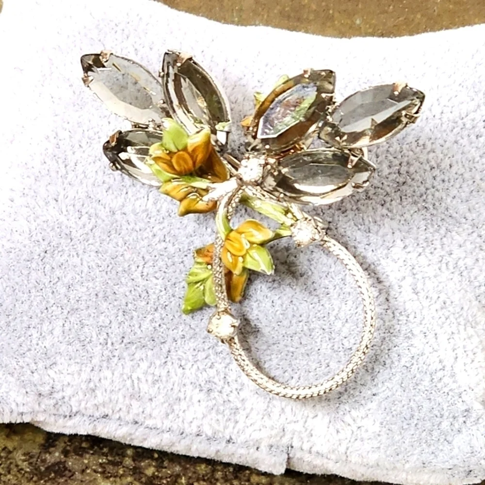 Vintage Brooch Silver Tone Multi Colored Enamel Rhinestone Navette Flower 2